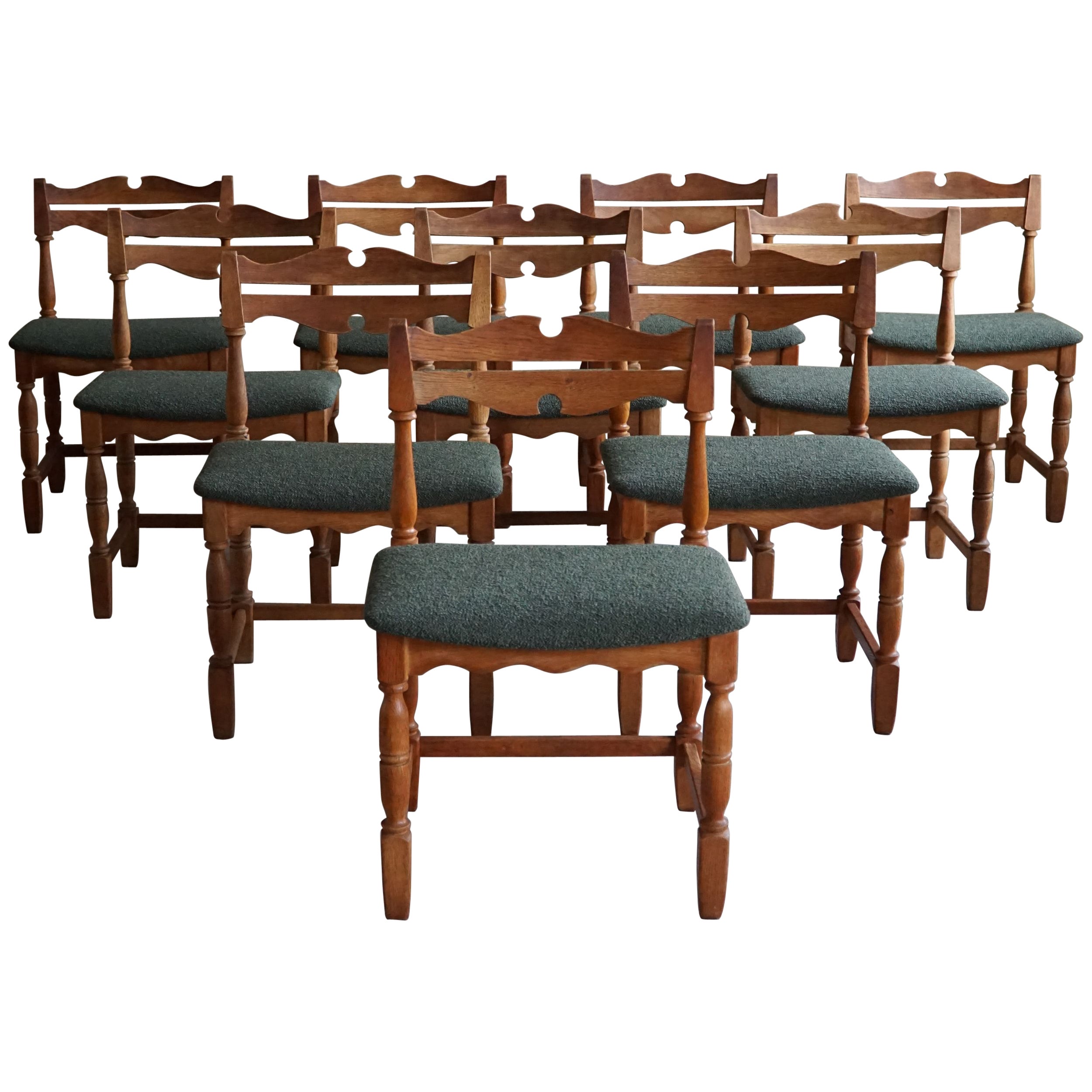 Danish Mid-Century, Set of 10 Chairs in Oak & Green Bouclé, Kjærnulf, 1960s For Sale