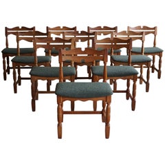 Danish Mid-Century, Set of 10 Chairs in Oak & Green Bouclé, Kjærnulf, 1960s