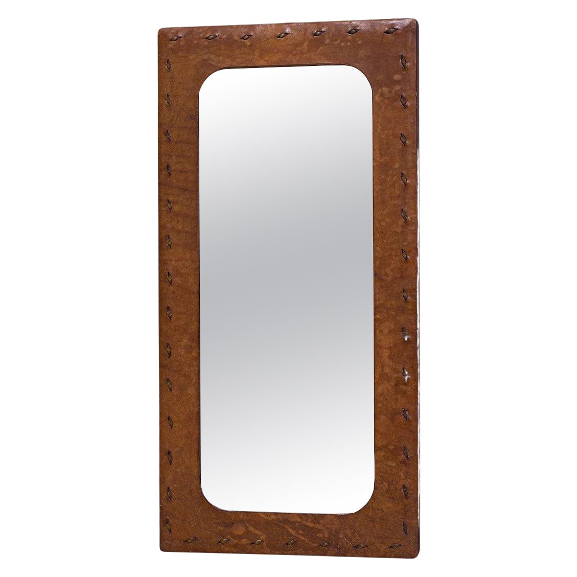 Vintage French Leather-Covered Wall Mirror from the 1950s