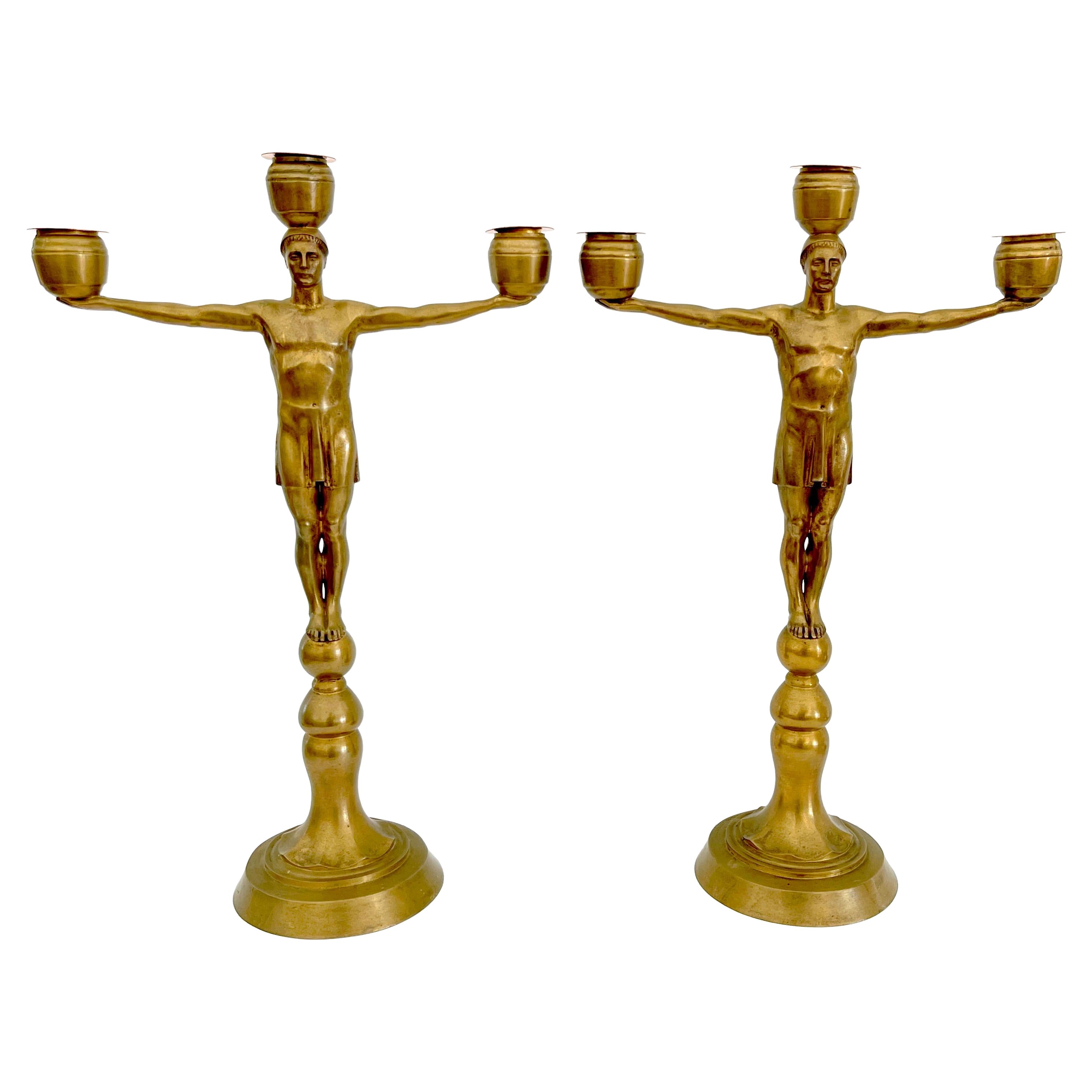 Hans Harry Liebmann, Pair Art Deco Bronze Draped Male Greco-Roman Candelabra  For Sale