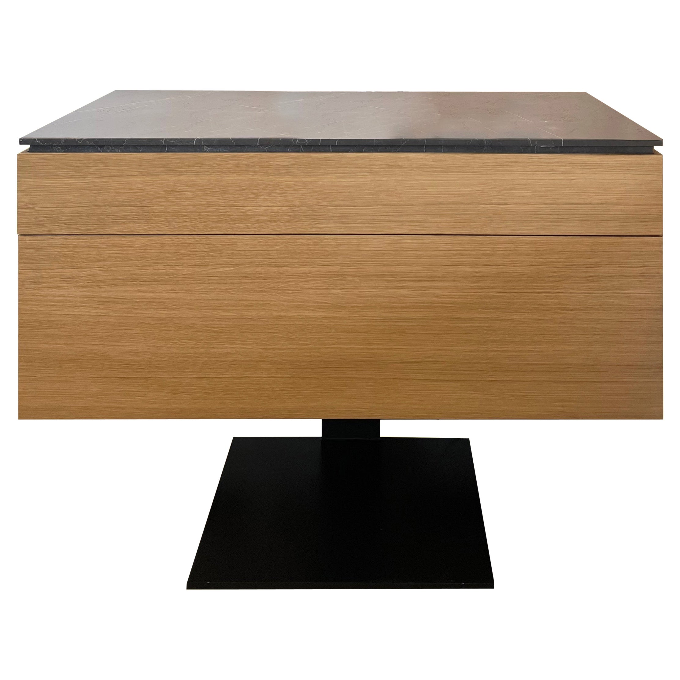 Bedside Table With Drawers in Maple Veneer, Black Marble Top And Metal Leg For Sale