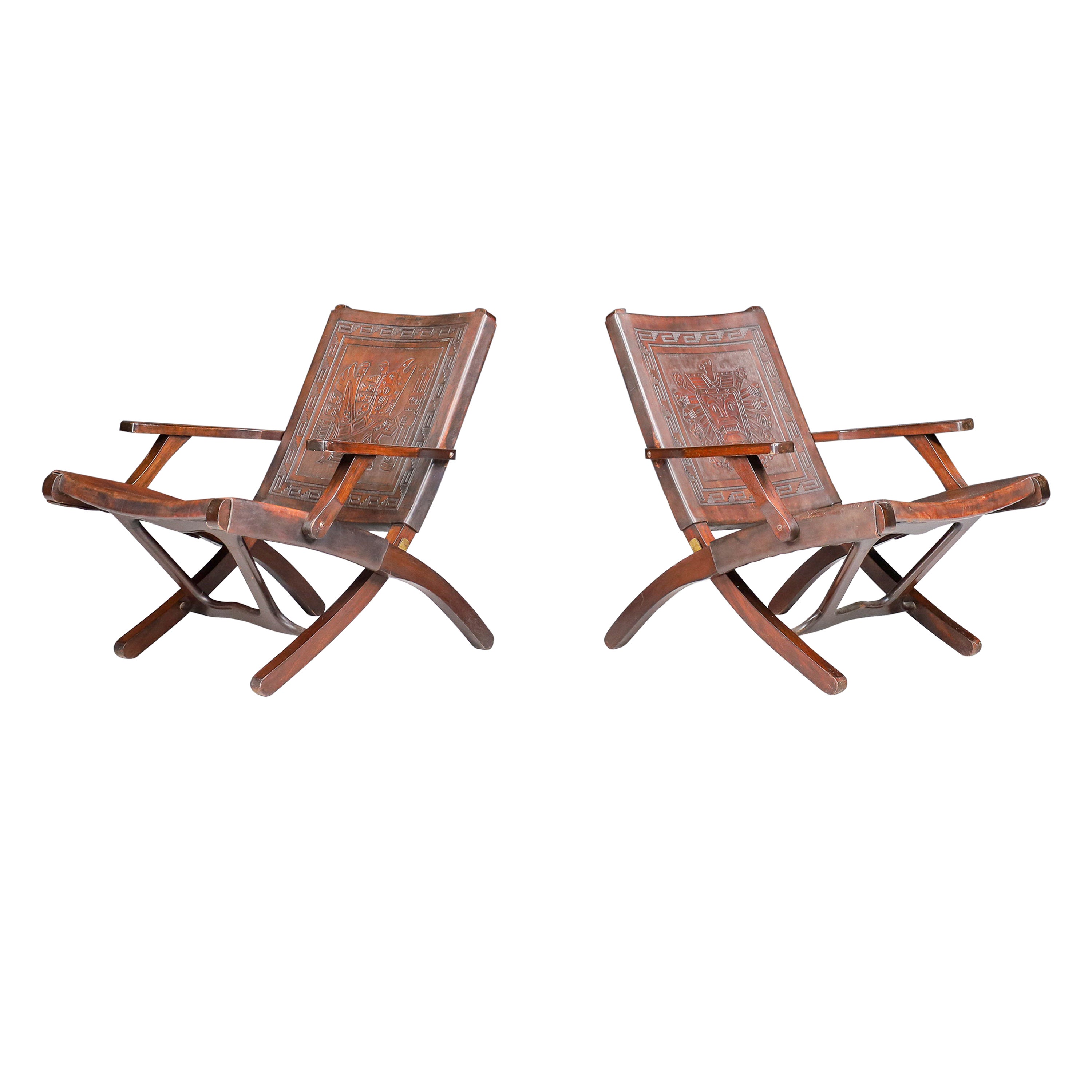 Angel I. Pazmino Cognac-colored Saddle Leather Arm Chairs Ecuador 1970s   For Sale