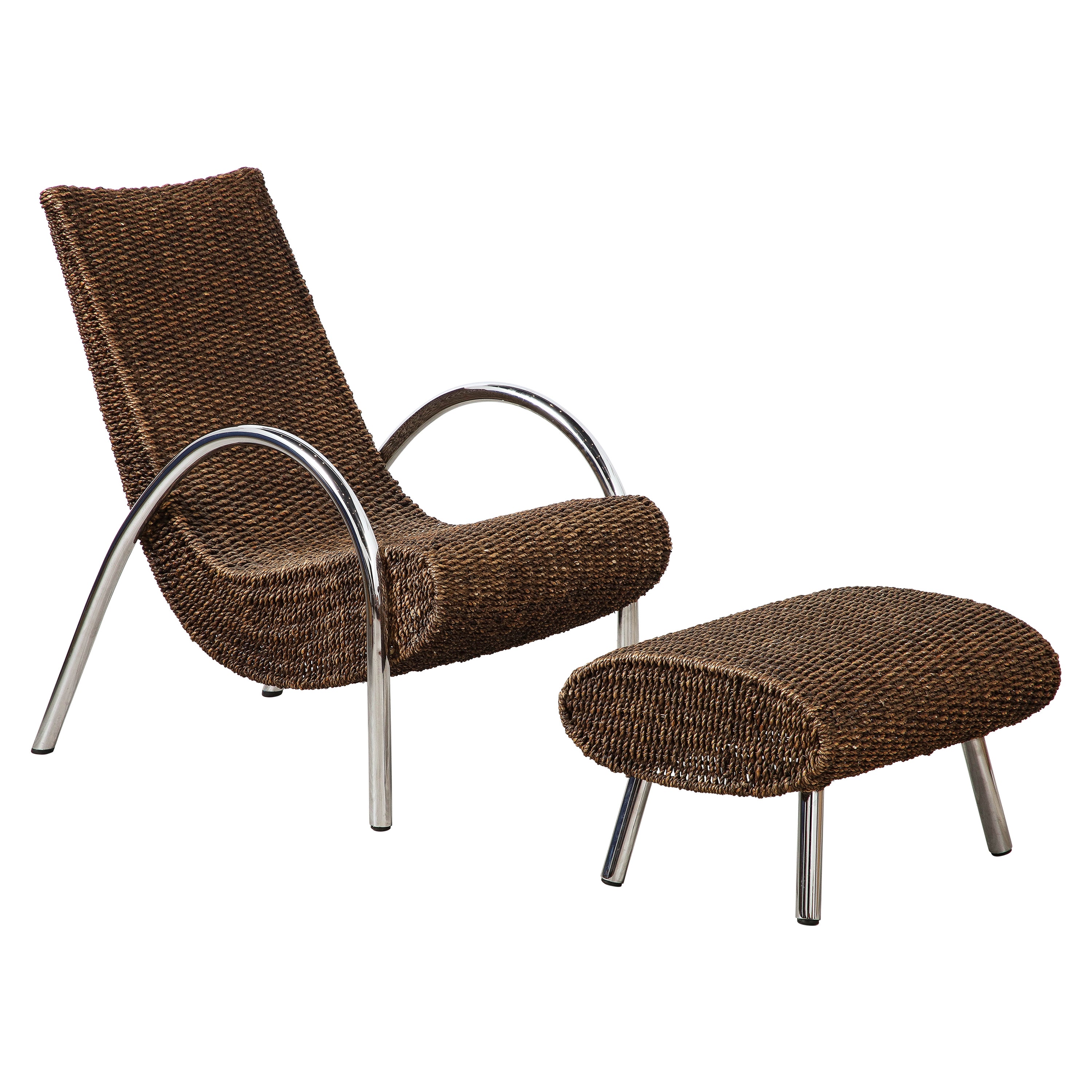 Spanish Bamboo and Chrome Lounge Chair with Ottoman, Spain, circa 1960 For Sale