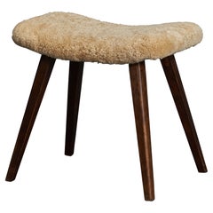 Vintage Swedish Designer, Stool, Wood, Shearling, Sweden, 1950s