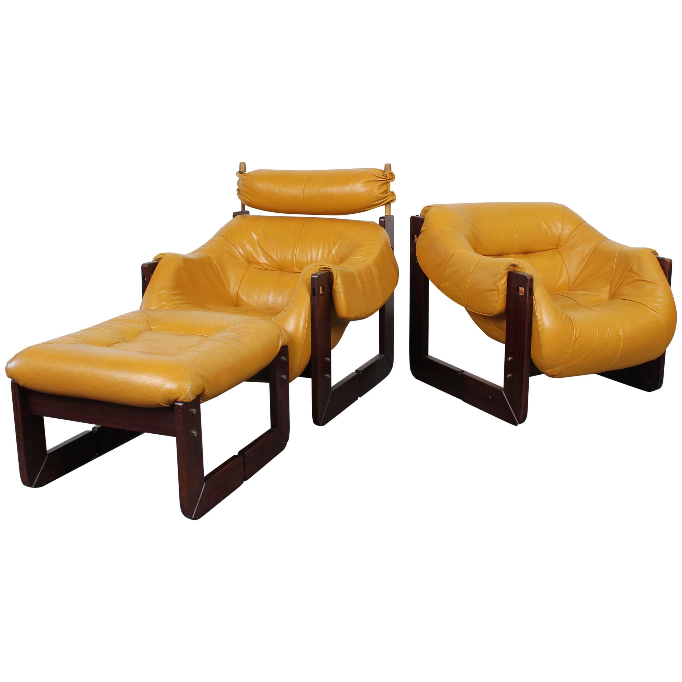 Pair of Percival Lafer Leather Lounge Chairs, Ottoman
