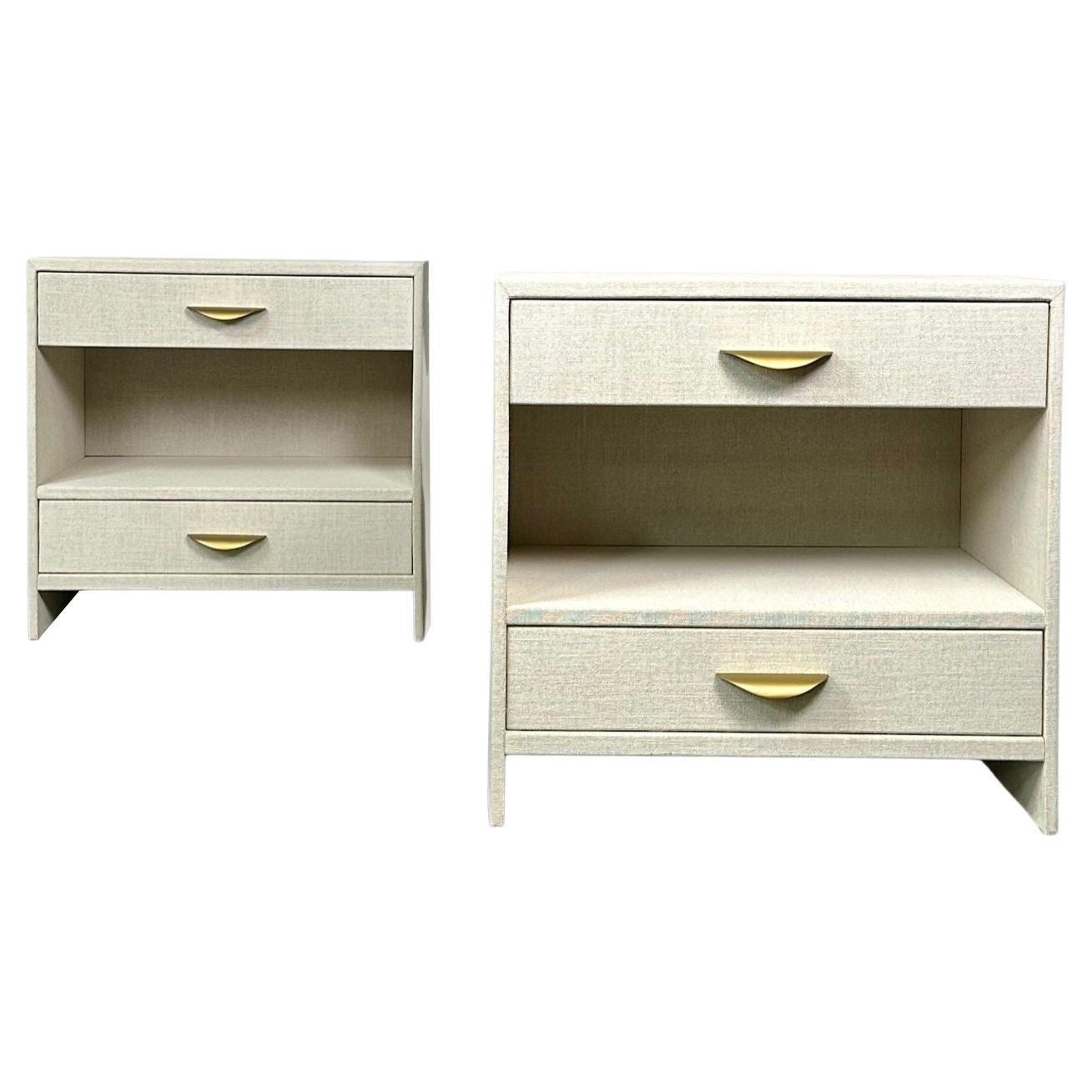 Pair Custom Linen Wrapped Open Commodes, Chests, Nightstands, White, American For Sale