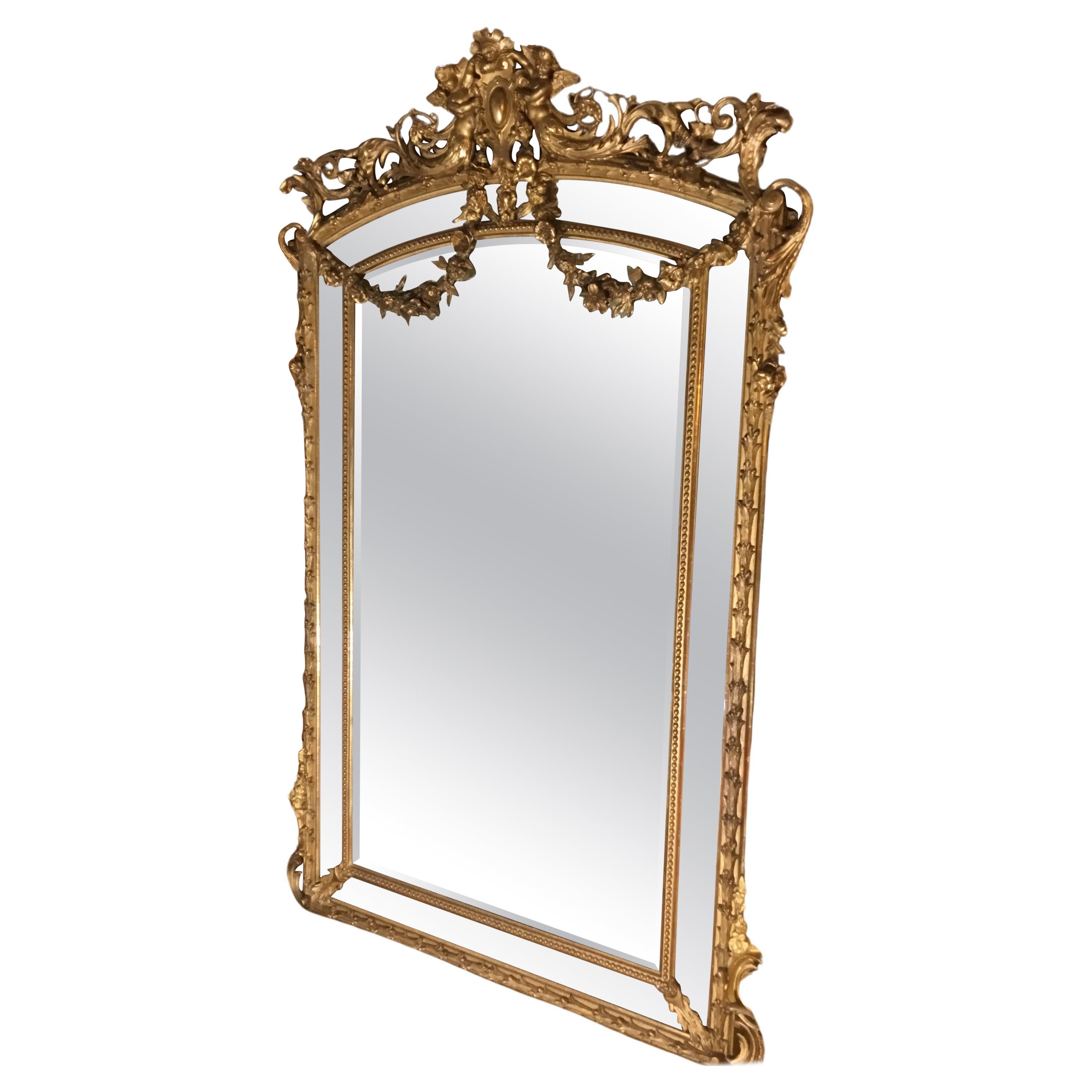 Miroir doré du 19e siècle avec verre à facettes