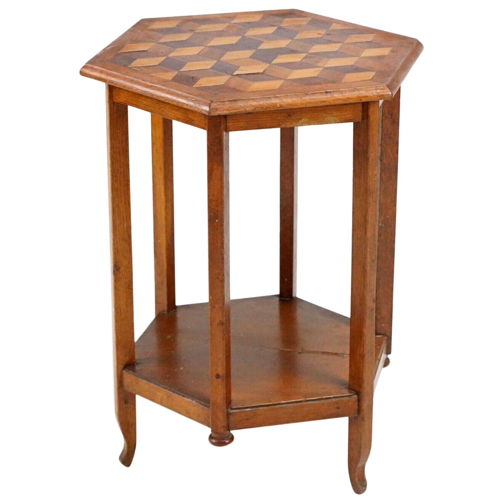 Antique Oak Hexagonal Cubist Parquetry Top Side Table - Country House For Sale