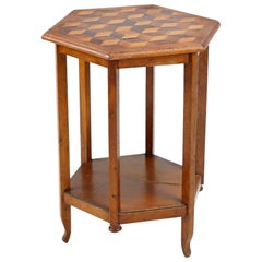 Antique Oak Hexagonal Cubist Parquetry Top Side Table - Country House