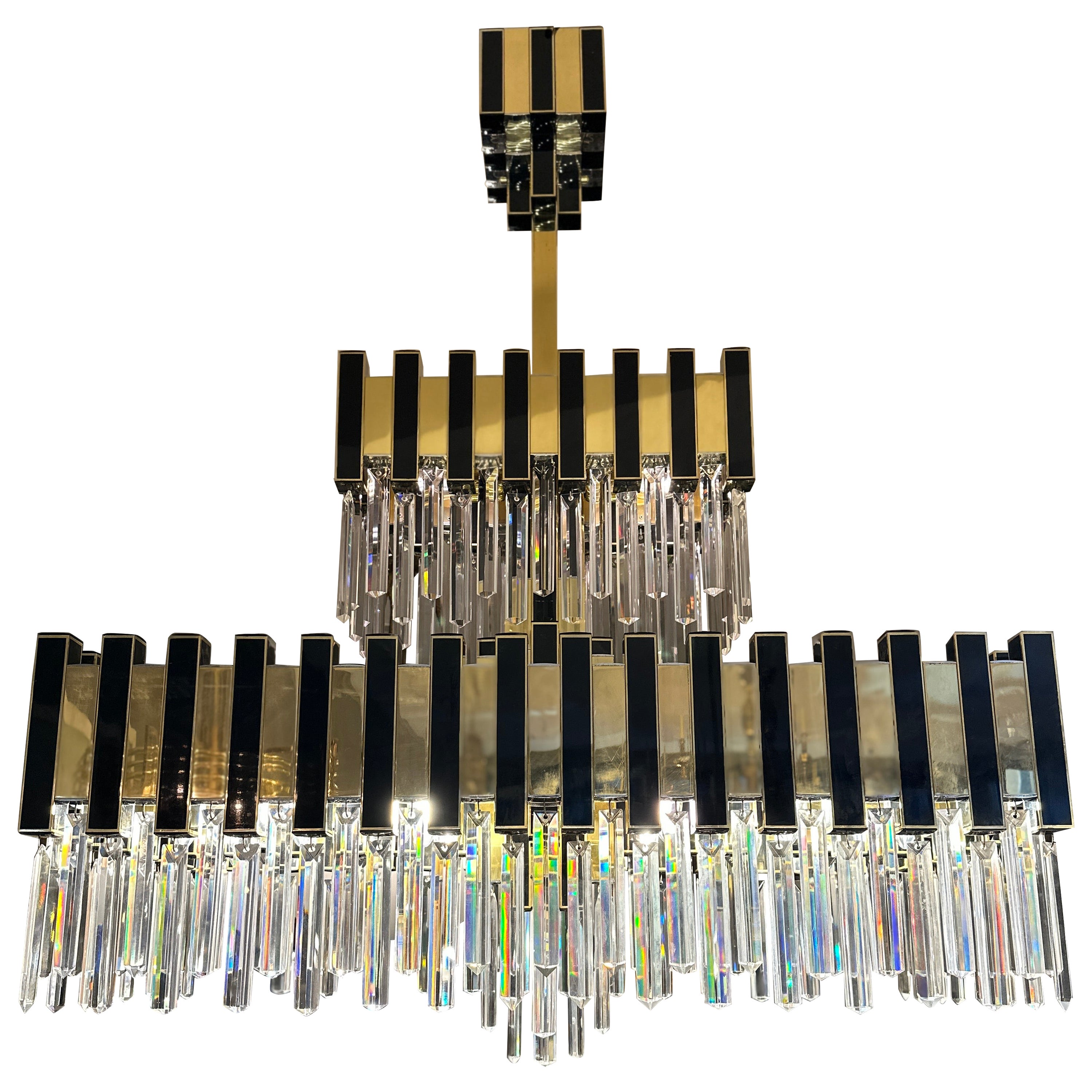 A large Brass and Crystal Chandelier By Willy Rizzo For BD Lumica  For Sale