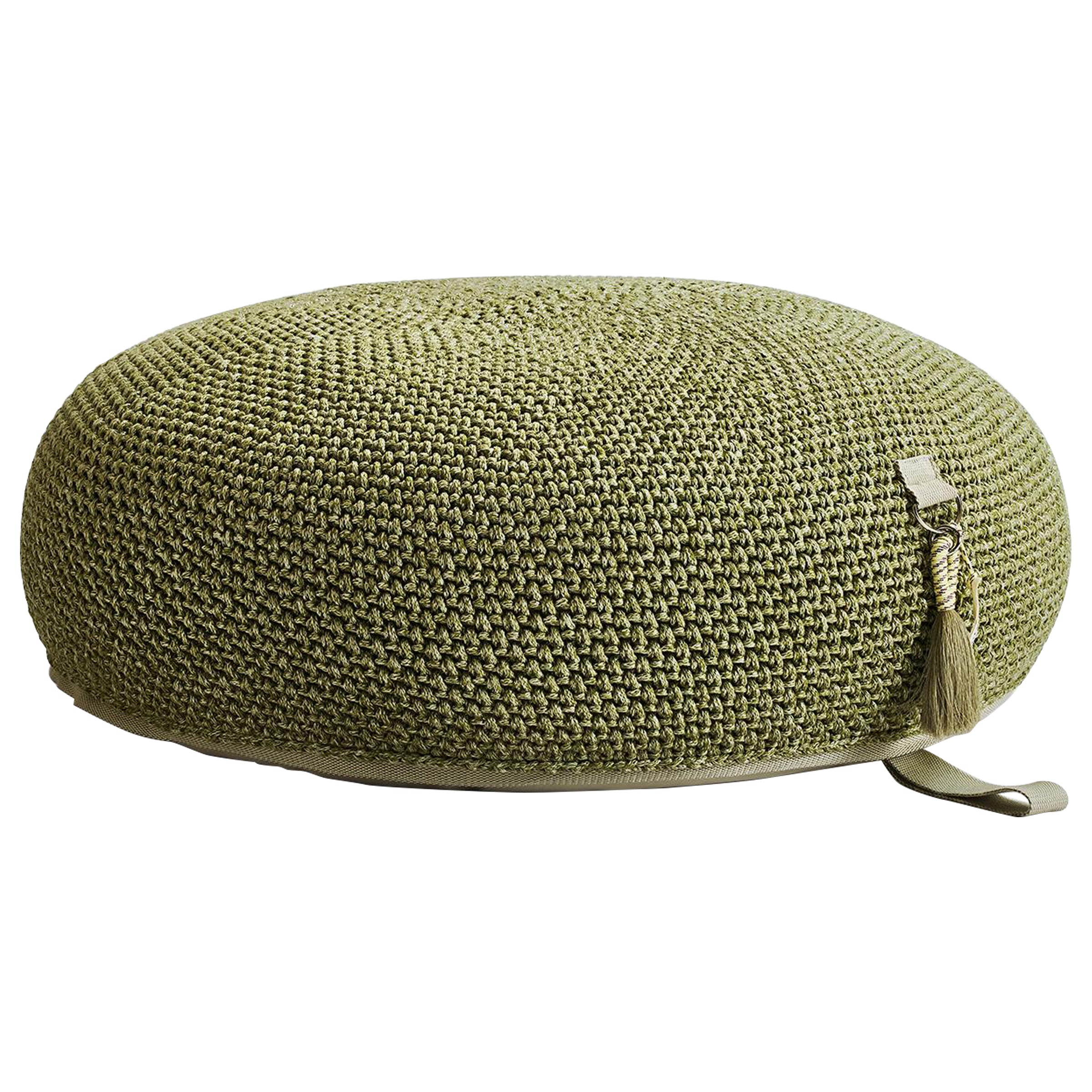21st Century Asian Green Olive Outdoor Indoor Handmade Round Pouf For Sale
