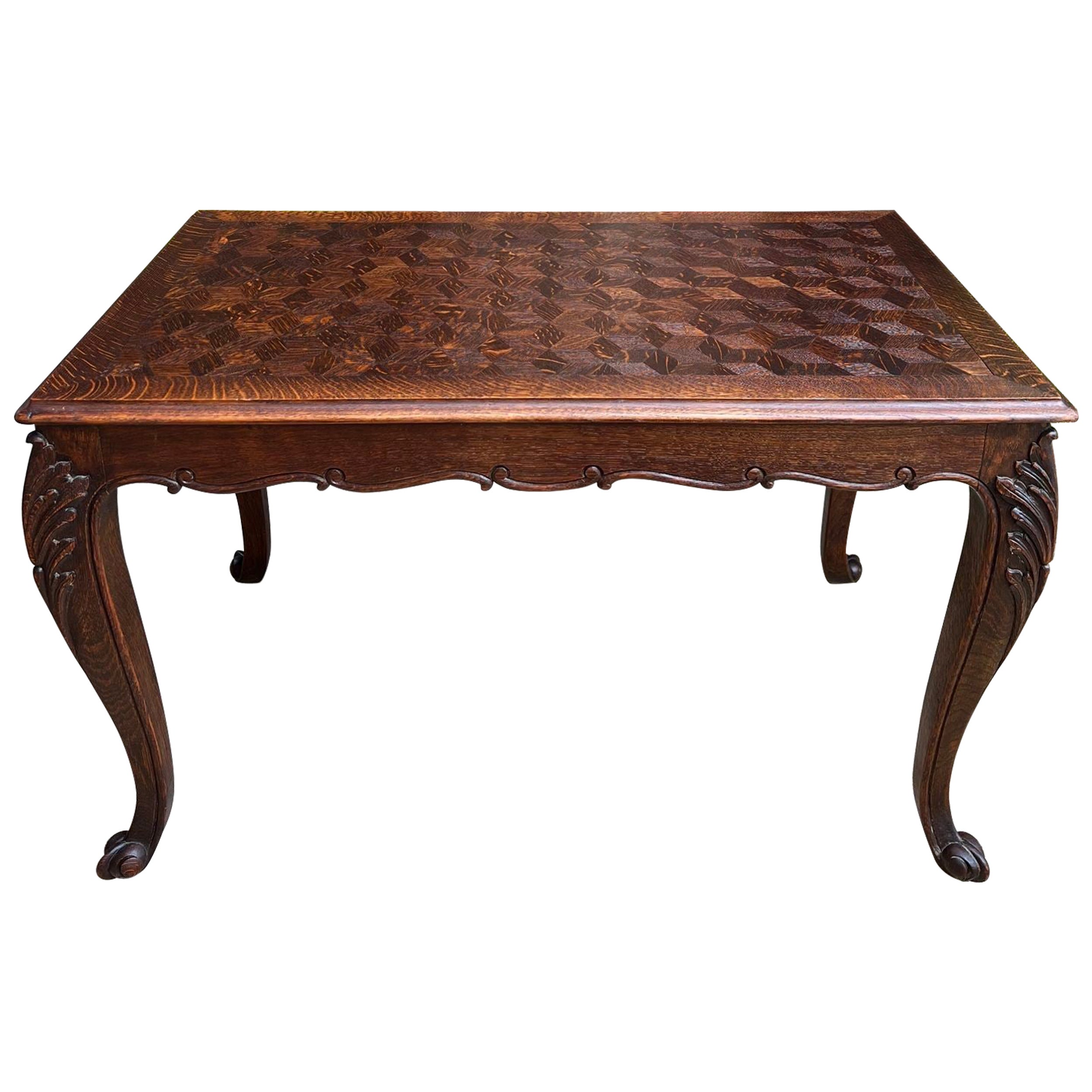 Antique French Sofa Side Table Writing Desk Louis XV Carved Oak Parquet Top For Sale
