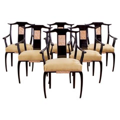 Used Mid Century Set Of 6 Black Lacquered French Dining Chairs in Oriental Style 