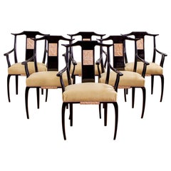 Mid Century Set Of 6 Black Lacquered French Dining Chairs in Oriental Style