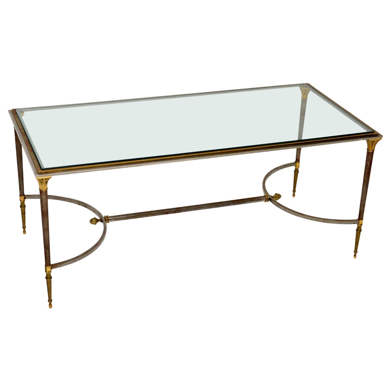 1970's Vintage French Steel & Brass Coffee Table For Sale