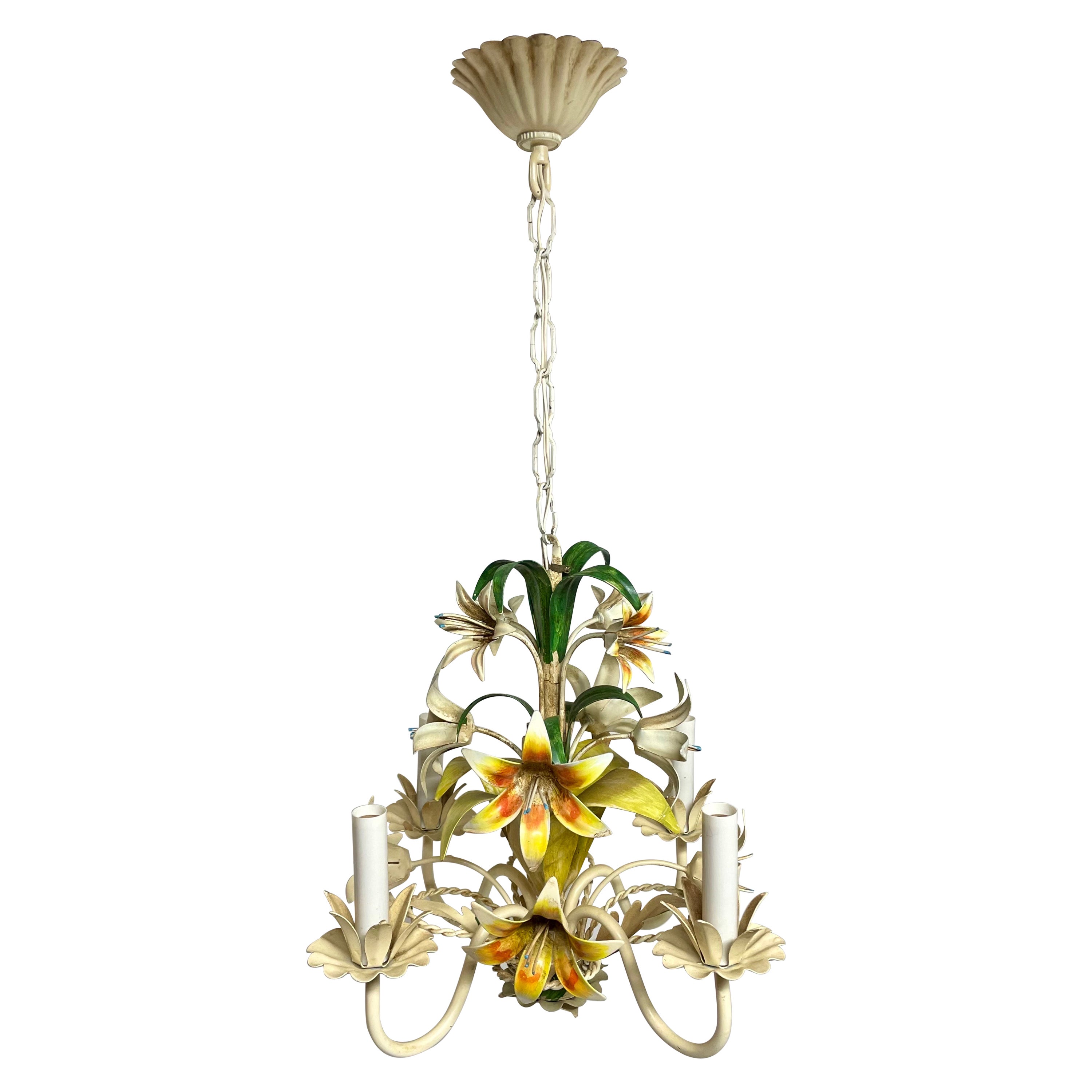 Italian Tole Floral Tole Chandelier with Lilies