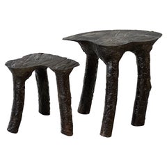 Antique Primitive Sculptural Tripod Stools, Early 1900s, Set of Two, Time-Worn Patina