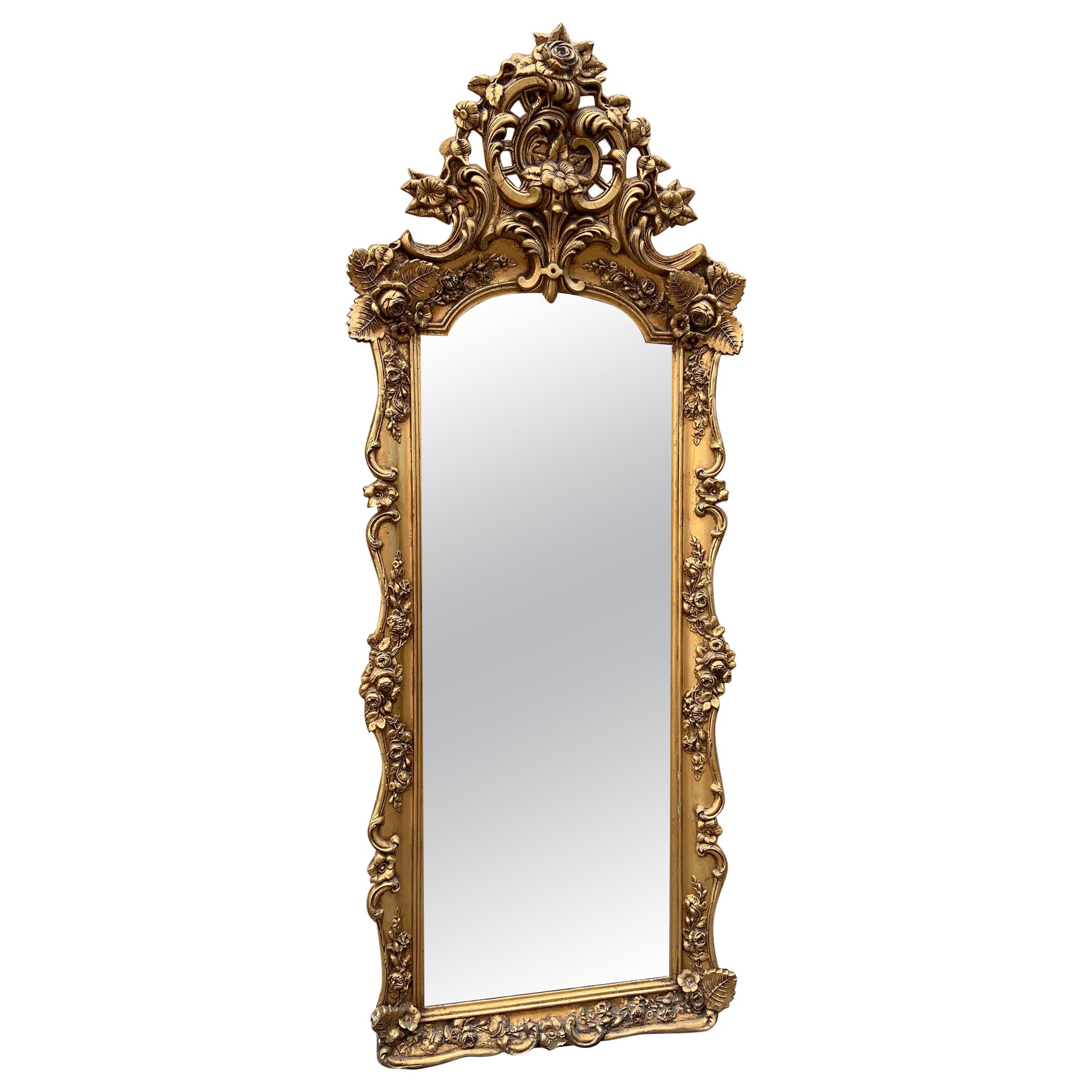 Antique Rococo Style Ornate Carved Floor Wall Mirror  For Sale