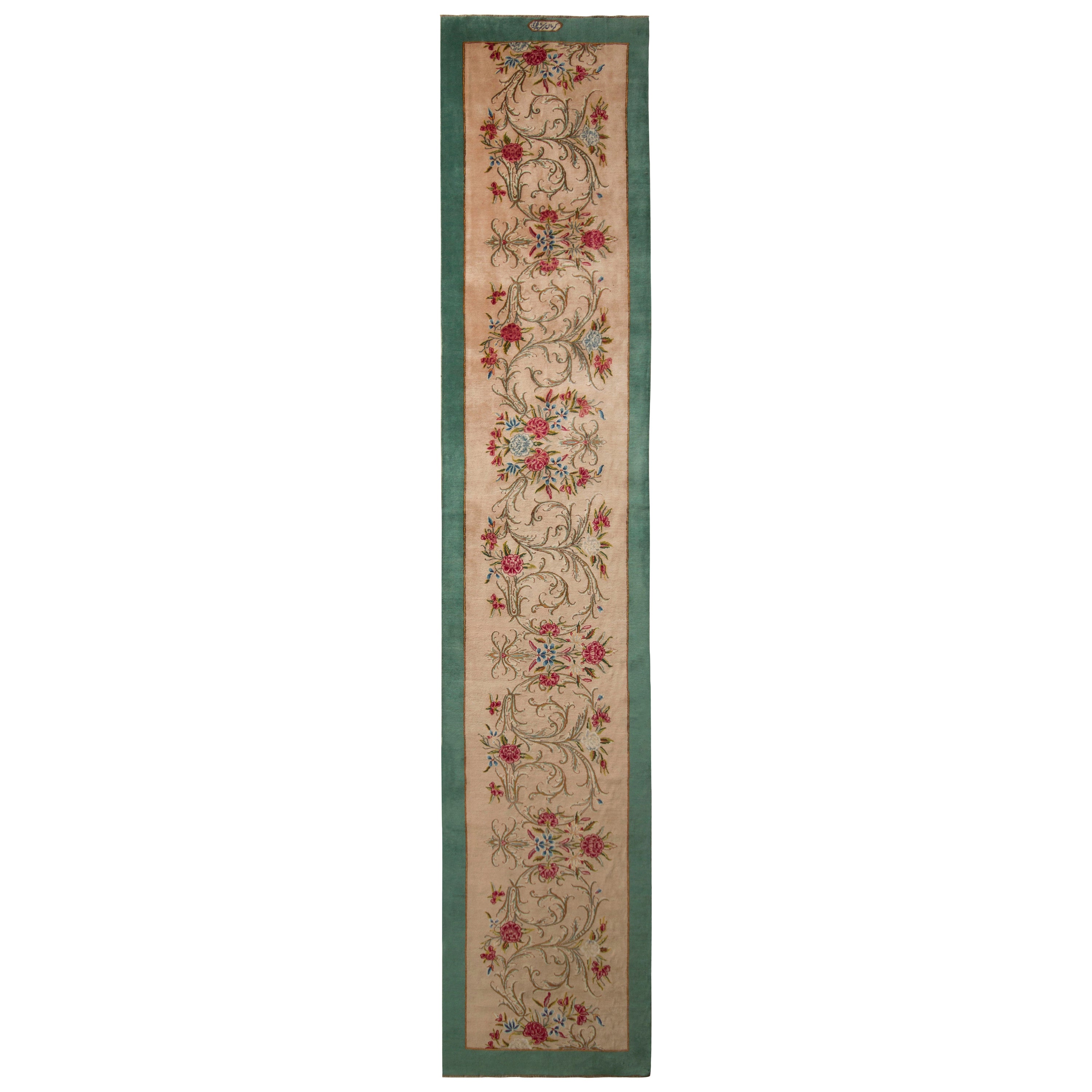 Vintage Signature Twin Persian Runners in Beige with Red & Green Floral Patterns For Sale