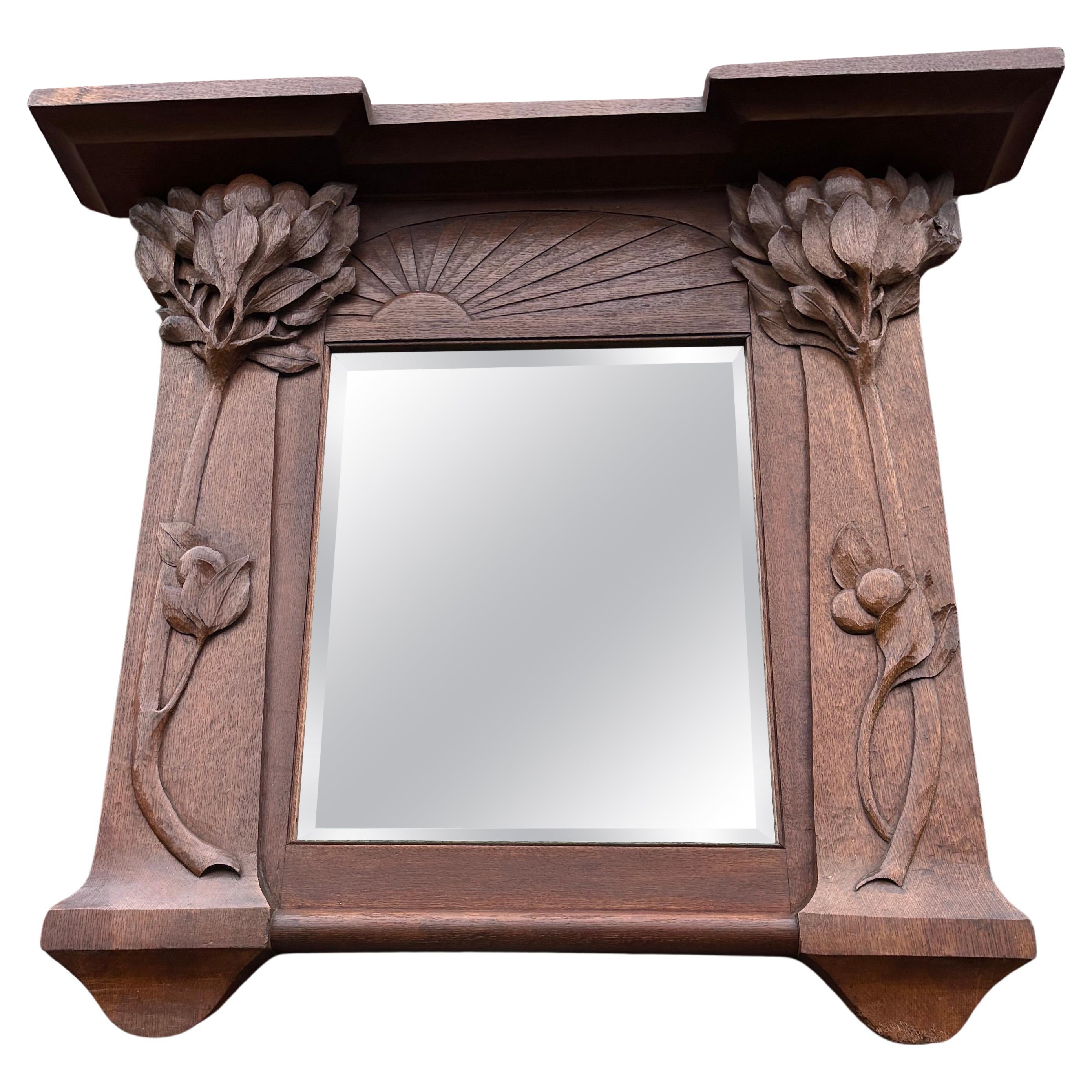  Pure Arts & Crafts Wooden Wall / Fireplace Mirror w. Amazing Hand Carved Plants For Sale