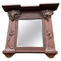  Pure Arts & Crafts Wooden Wall / Fireplace Mirror w. Amazing Hand Carved Plants