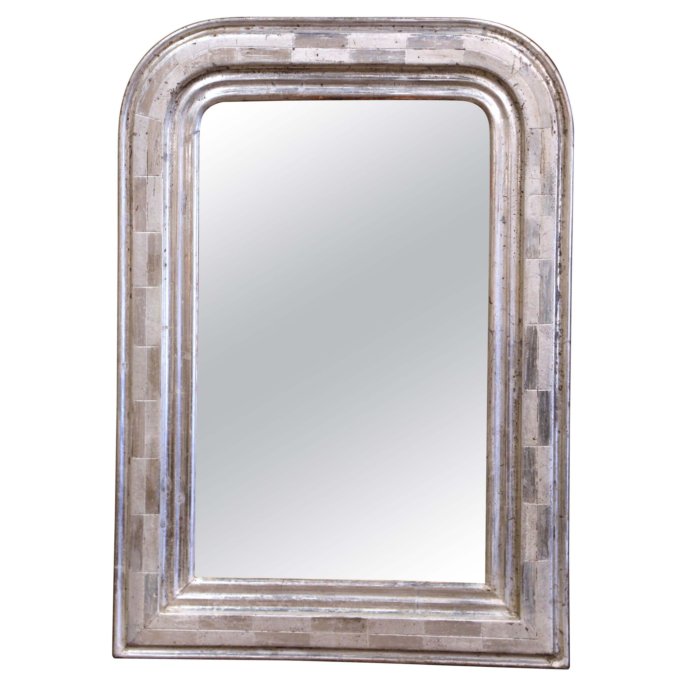 19th Century Louis Philippe Silver Leaf Wall Mirror with Engraved Checker Decor For Sale
