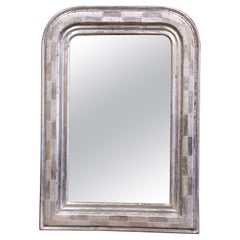 19th Century Louis Philippe Silver Leaf Wall Mirror with Engraved Checker Decor