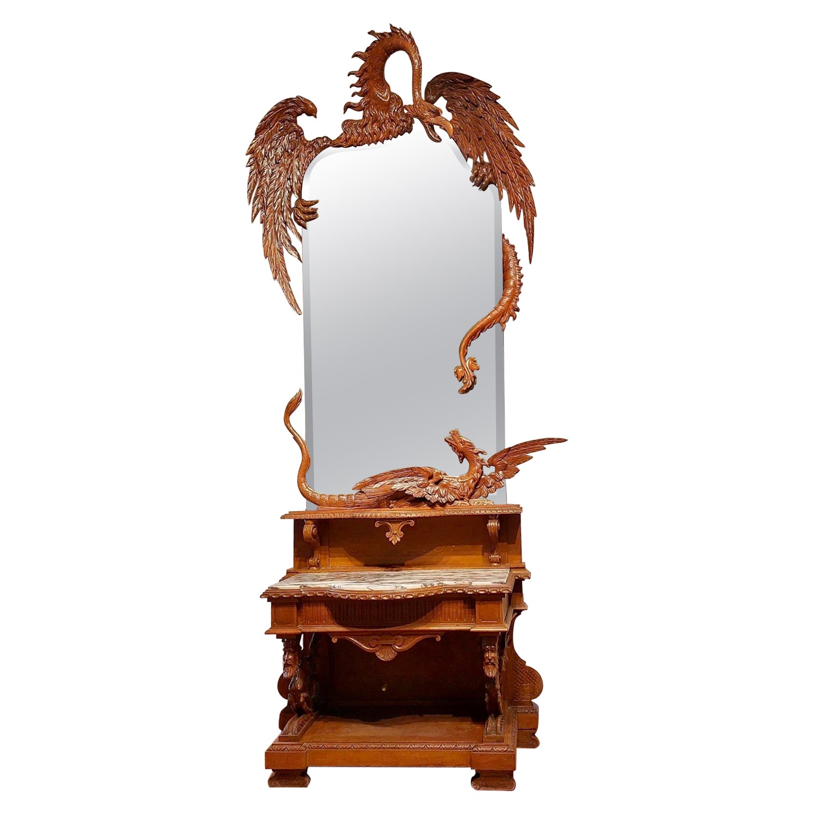Antique Hand Carved Phoenix & Dragon w. Large Mirror Side Table Entry Hall Stand For Sale