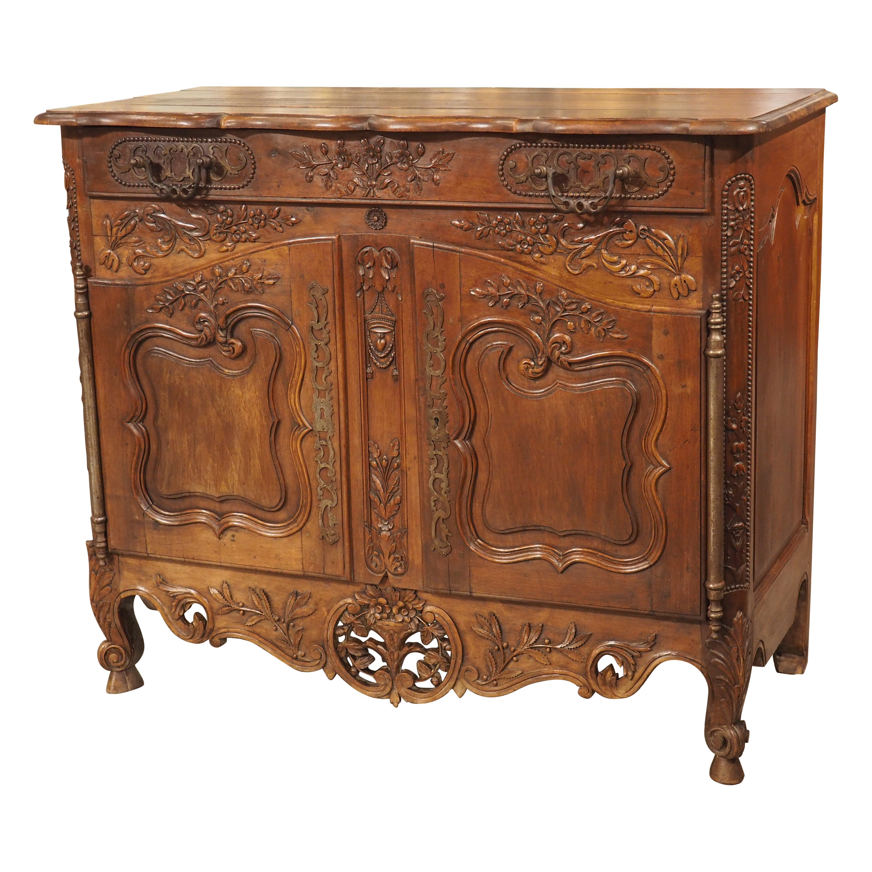 19th Century Carved Walnut Wood Buffet from Provence, France For Sale