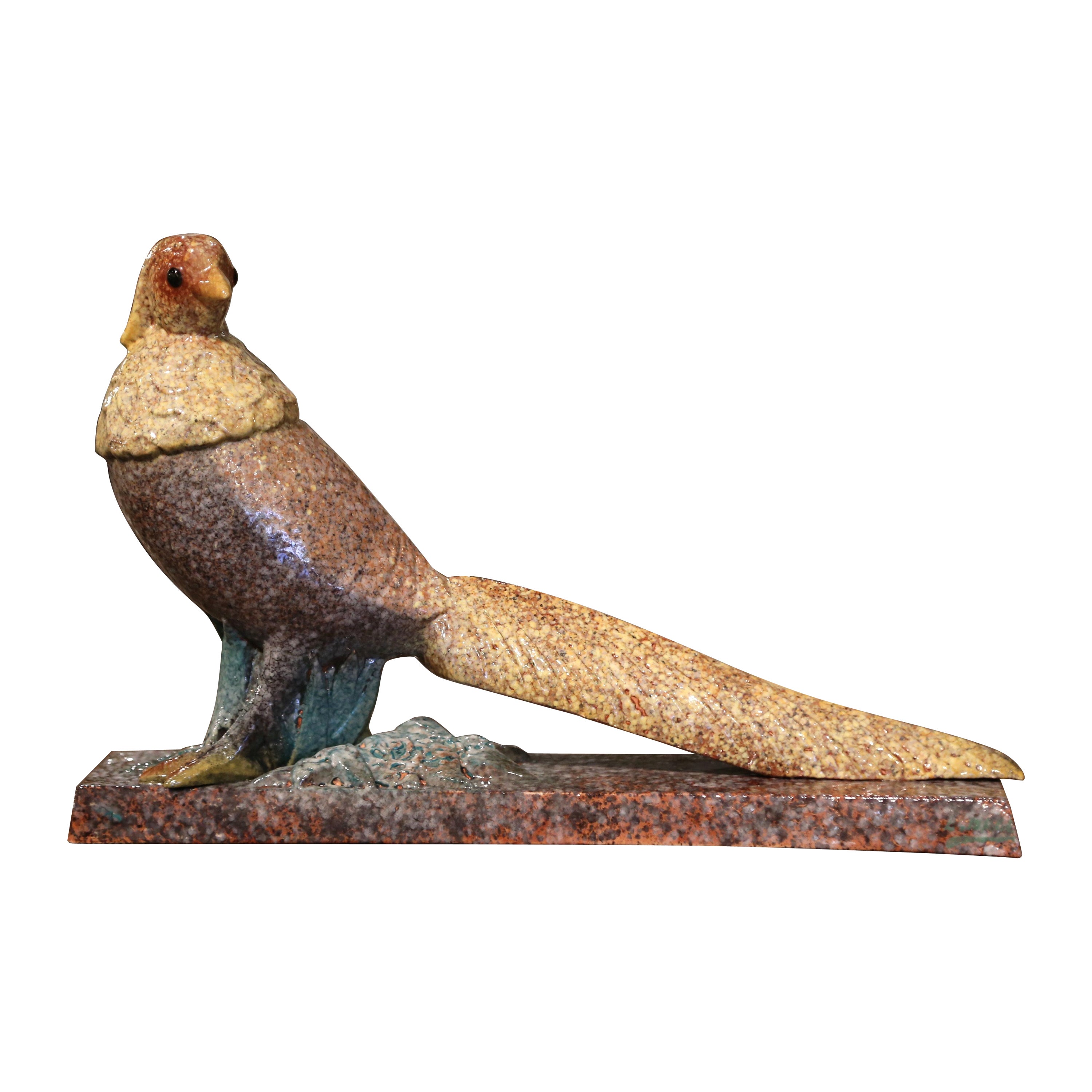 Early 20th Century French Painted Faience Pheasant Sculpture Signed Louis Dage For Sale
