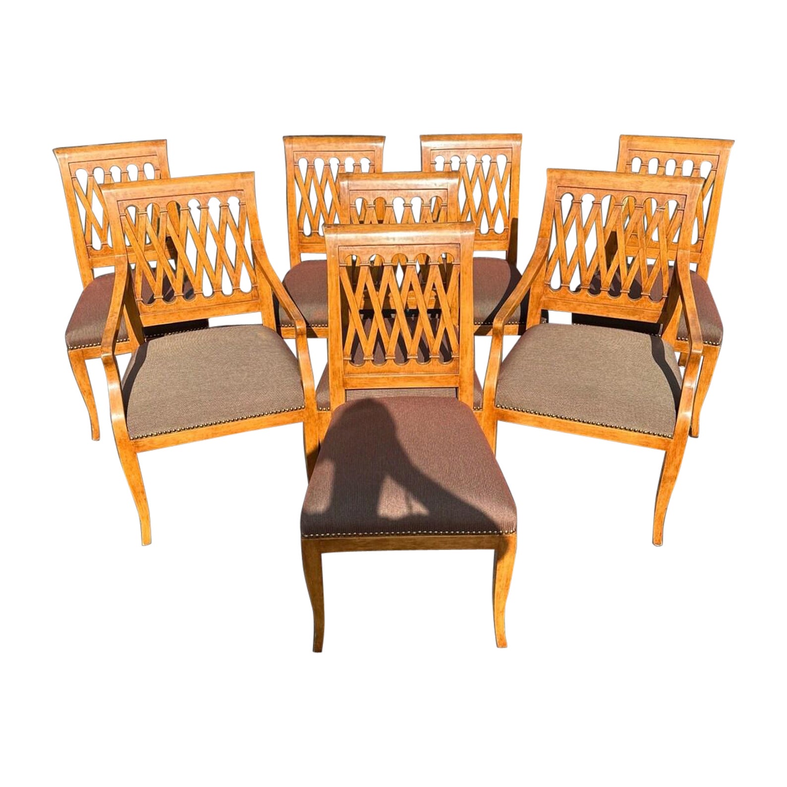 Eight Vintage Biedermeier Baker Style Dining Chairs With Upholstered Seats