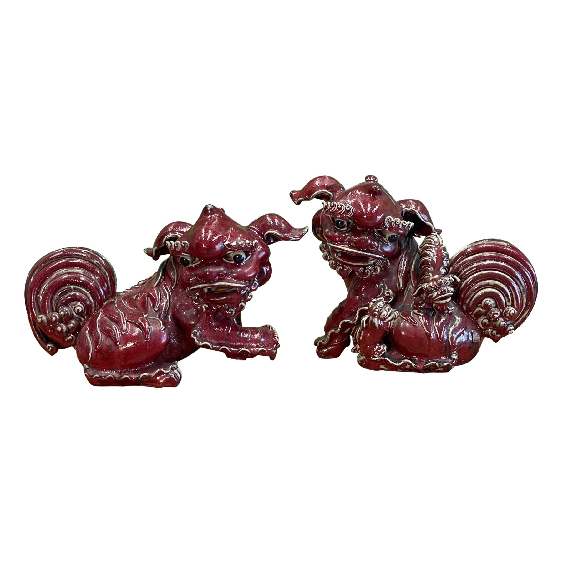 Asian Foo Dog Father and Mother With Babies in Cinnabar Red For Sale