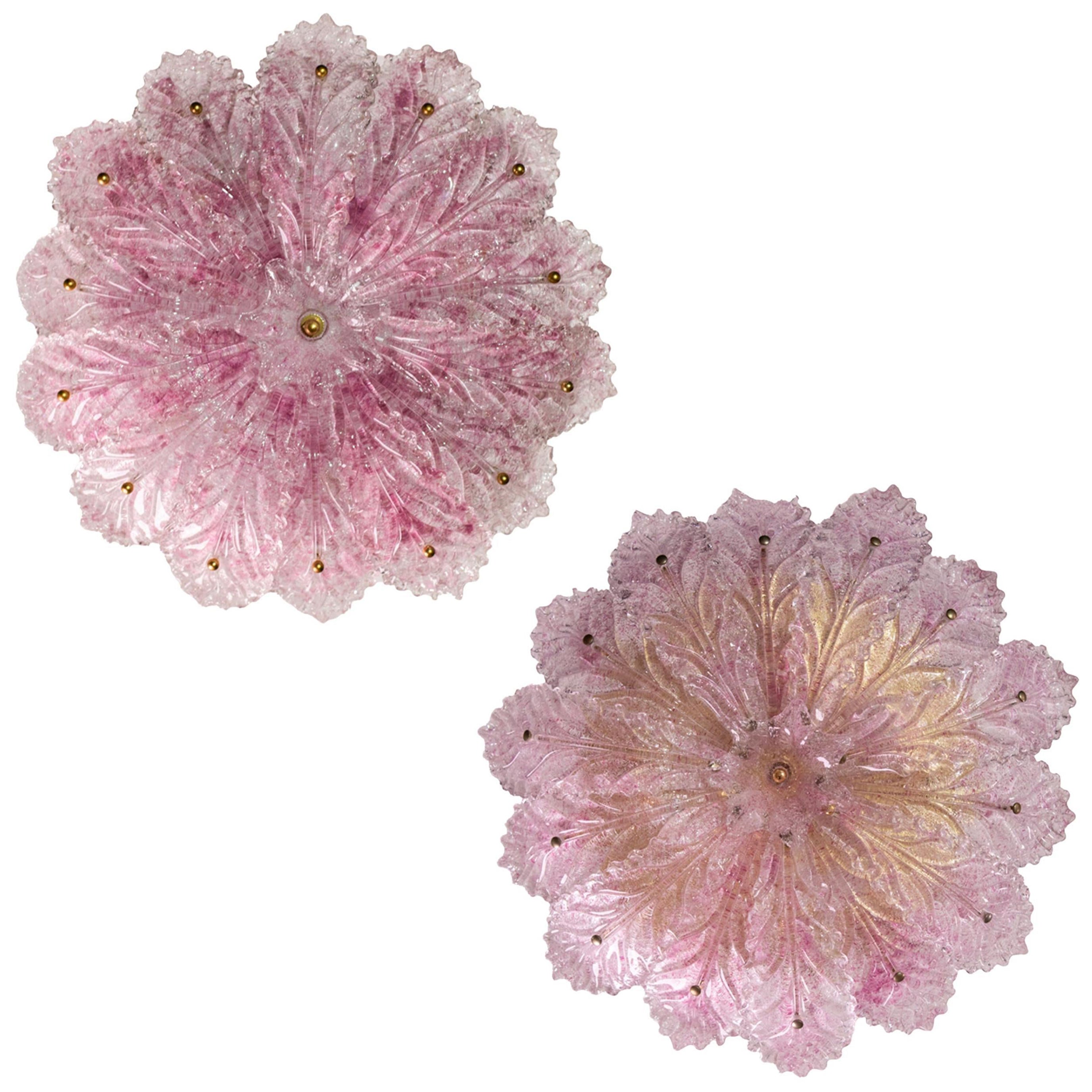 Set of 2 Delicious Pink Murano Glass Leave Ceiling Light or Chandelier, 1970s For Sale