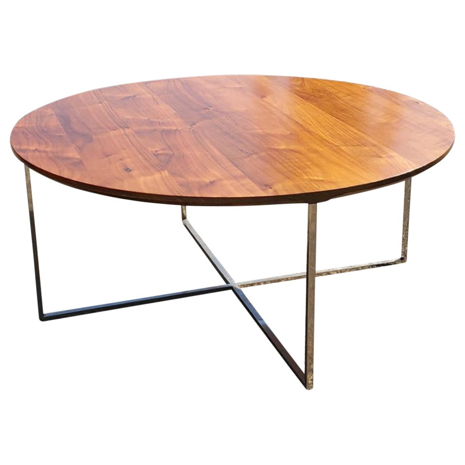 1970 Round Milo Baughman Style Solid Walnut Coffee Cocktail Table Chrome Base