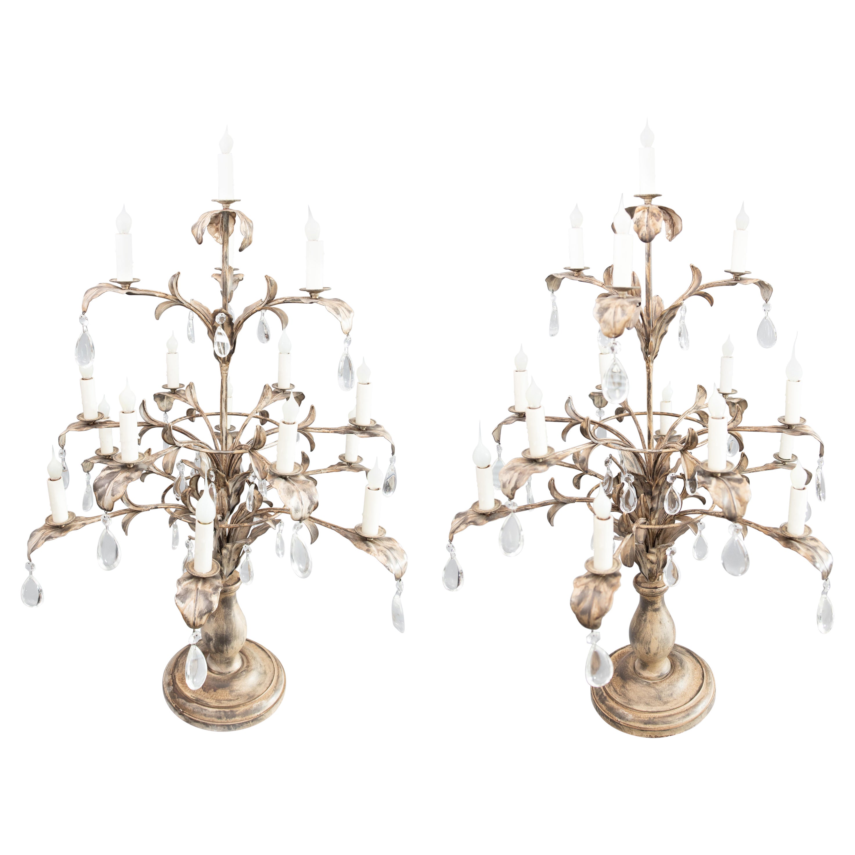 Pair of Monumental Italian Style Painted Wood and Tole Candelabras For Sale