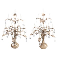Retro Pair of Monumental Italian Style Painted Wood and Tole Candelabras