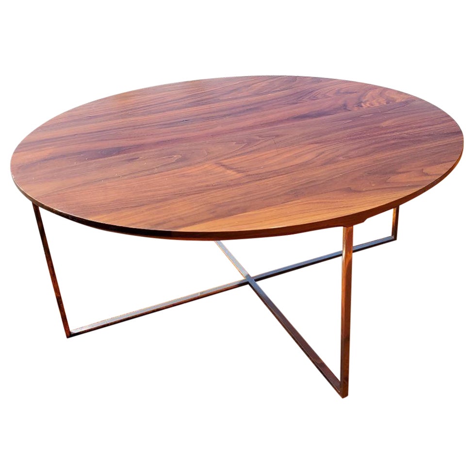 Milo Baughman Style 1970s Round Solid Walnut Cocktail Table With Chrome X Base For Sale