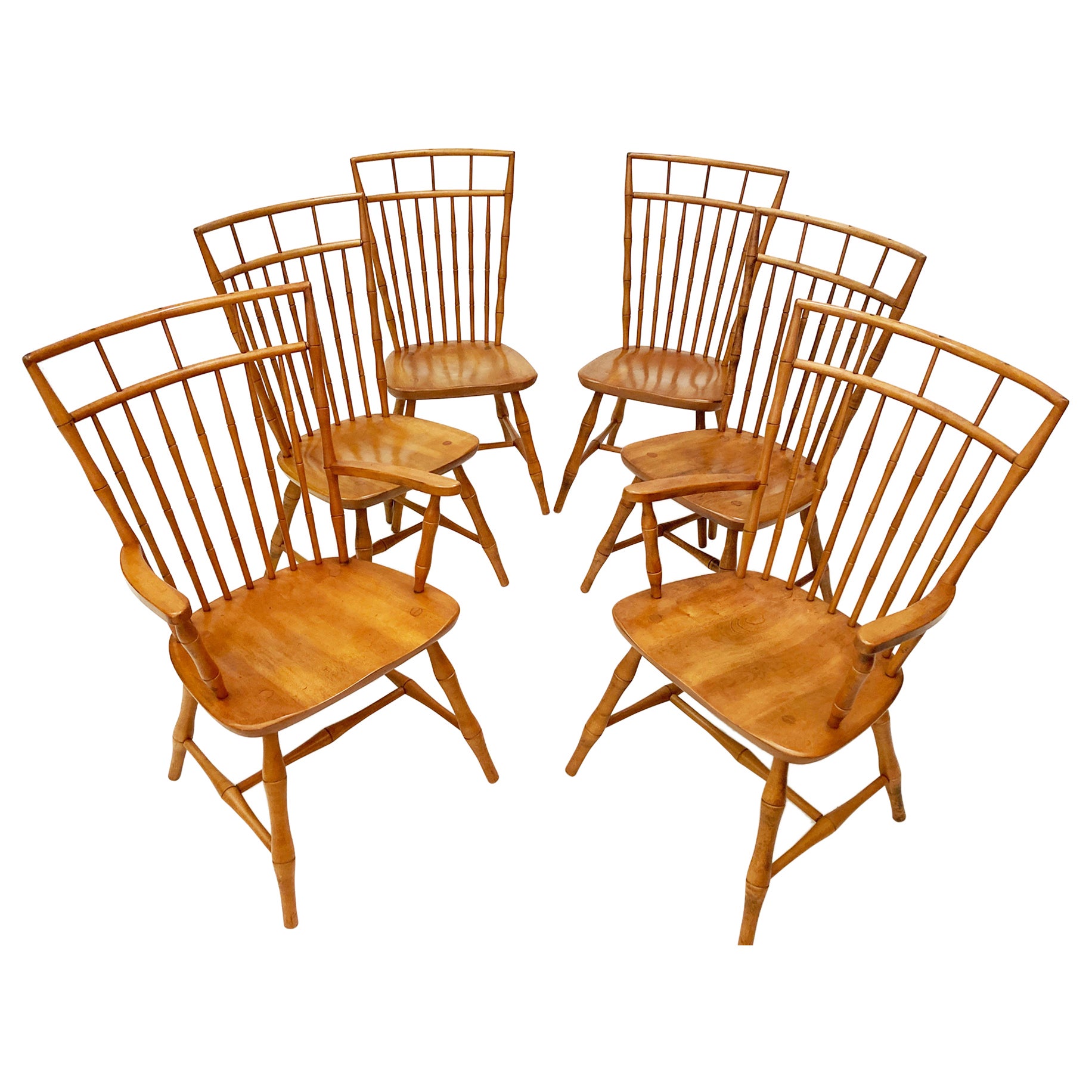 MCM Nichols & Stone Amerikanische Windsor-Esszimmerstühle aus Ahorn, Ahorn und Bambus mit Vogelkäfig, 6 Stühle