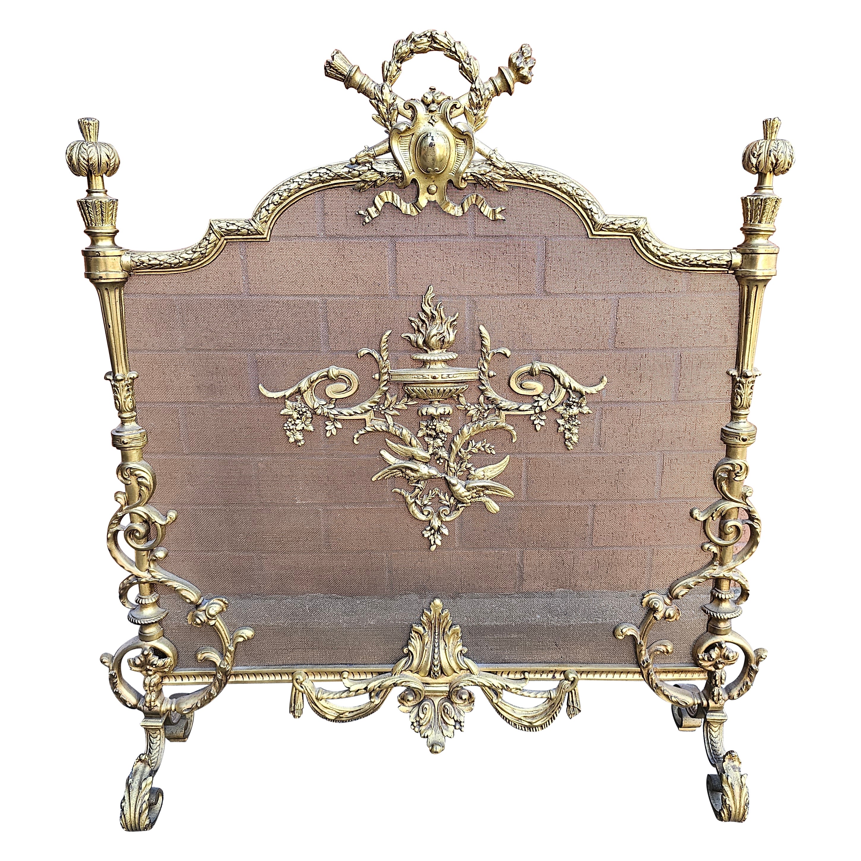 19th C. Louis XVI Style Cast Brass and Wire Mesh Ormolu Mounted Fireplace Screen For Sale