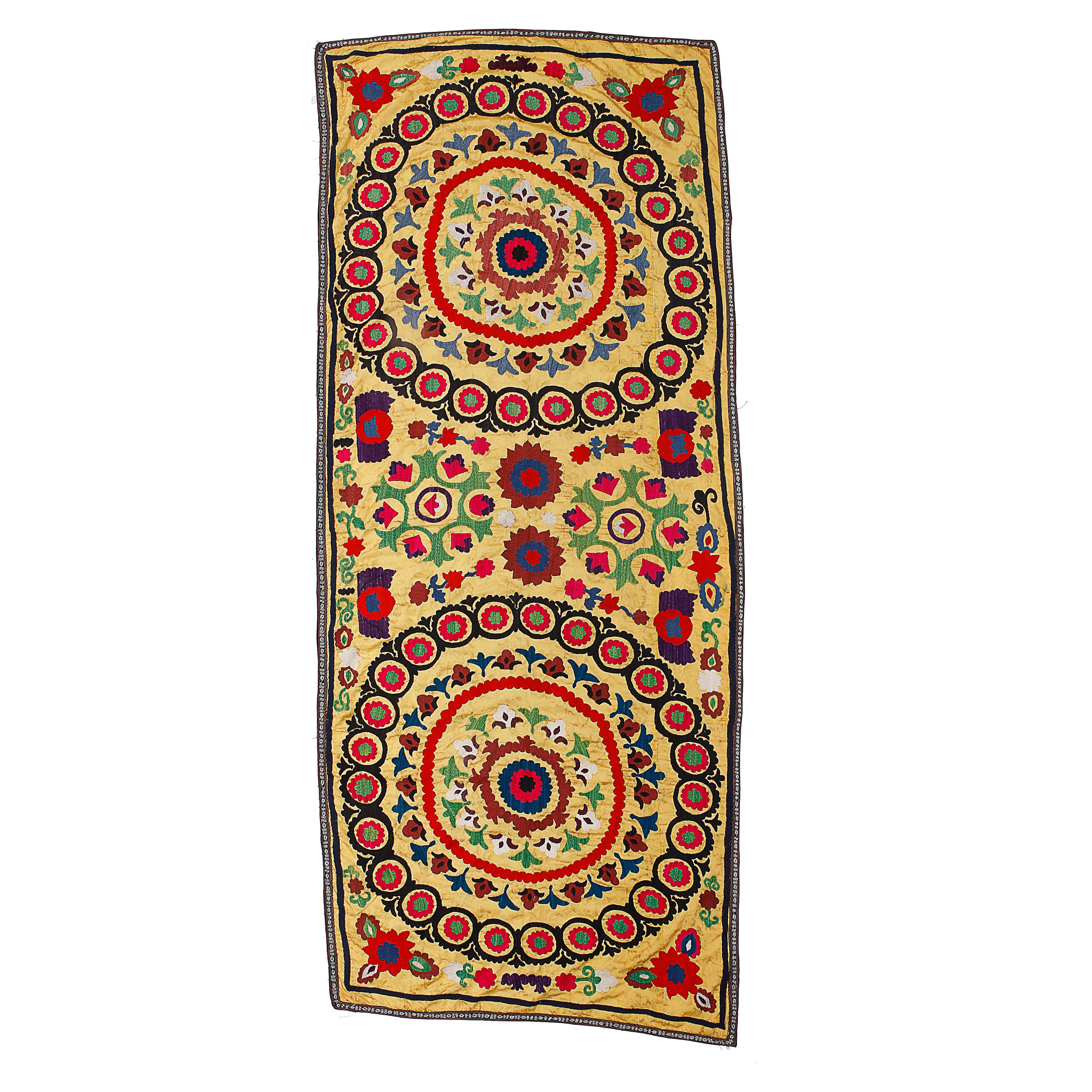 3.8x9 F Bestickter Wandbehang. Boho-Wanddekoration. Suzani-Tischläufer in Gelb im Angebot