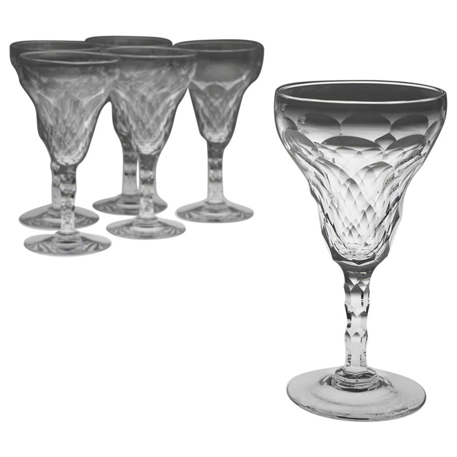 Set of Six Facet Cut Crystal White Wine Glasses c1930 For Sale