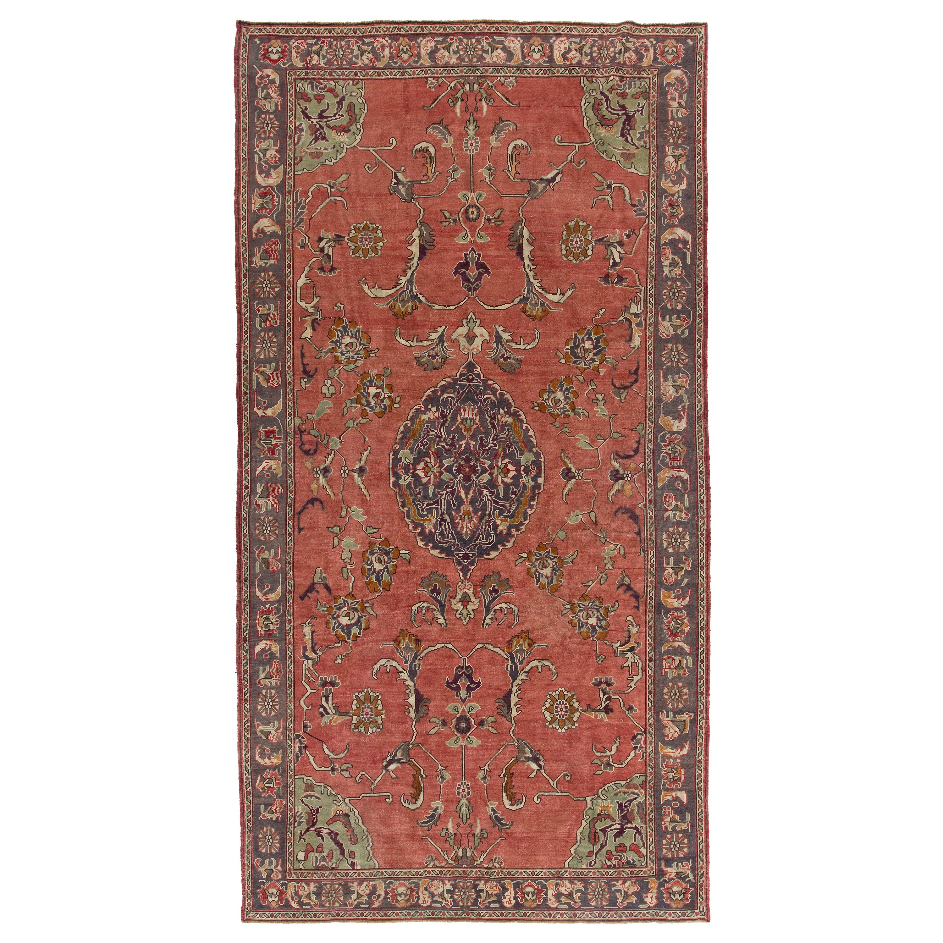 6x11.5 Ft Traditional Vintage Turkish Area Rug, Soft Red, Green & Gray Colors For Sale