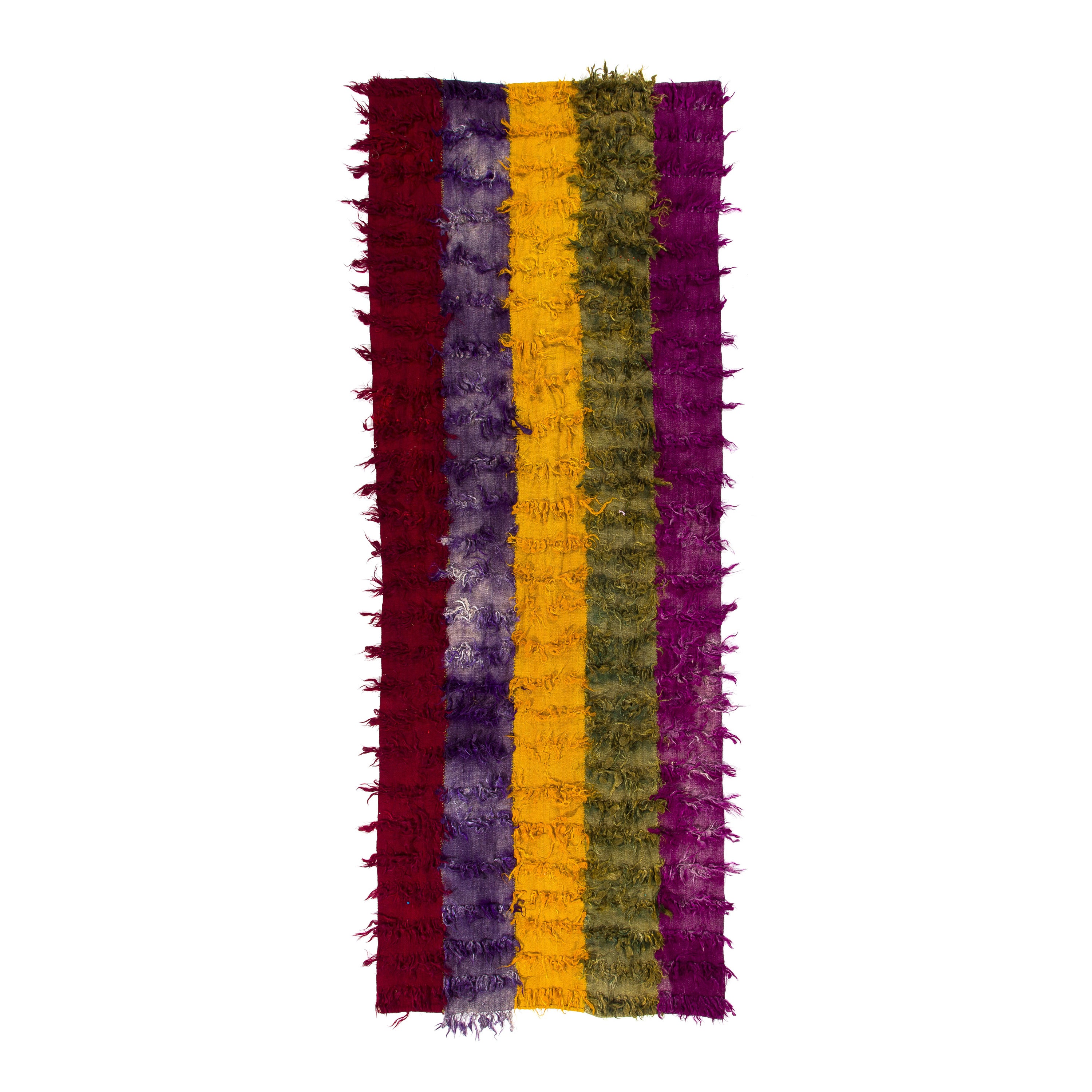 4x11 Ft Mid-Century "Tulu" Runner Rug with Colorful Poms, 100% Soft Mohair Wool For Sale