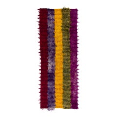 4x11 Ft Mid-Century "Tulu" Runner Rug with Colorful Poms, 100% Soft Mohair Wool