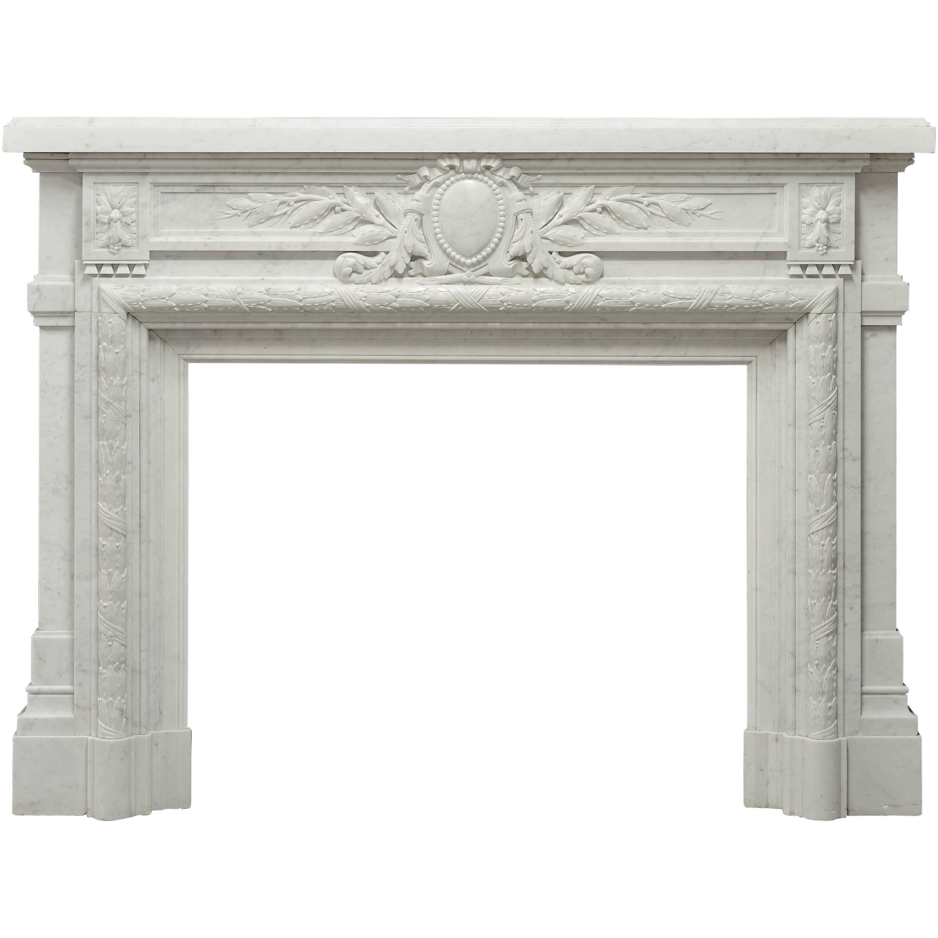- Monumental - Antique French Louis XVI Fireplace Mantel in Carrara White Marble
