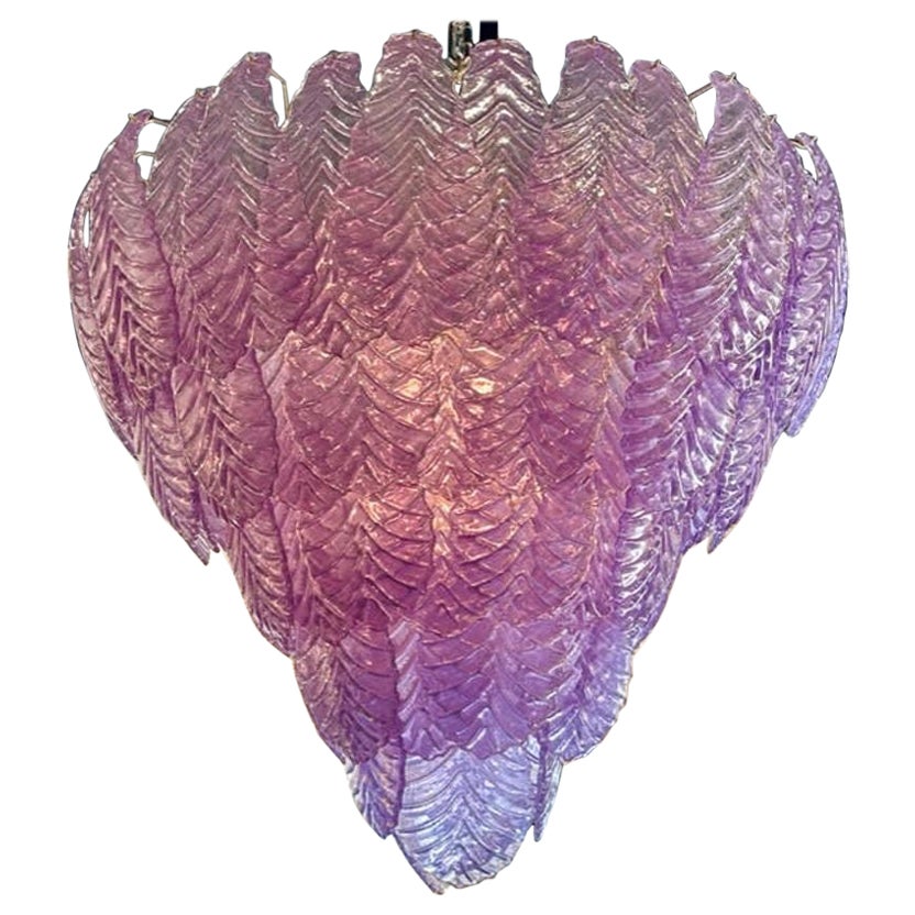 Large Scale Murano Fuchsia Colored Leaf Form Waterfall Chandelier For Sale