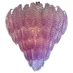 Large Scale Murano Fuchsia Colored Leaf Form Waterfall Chandelier