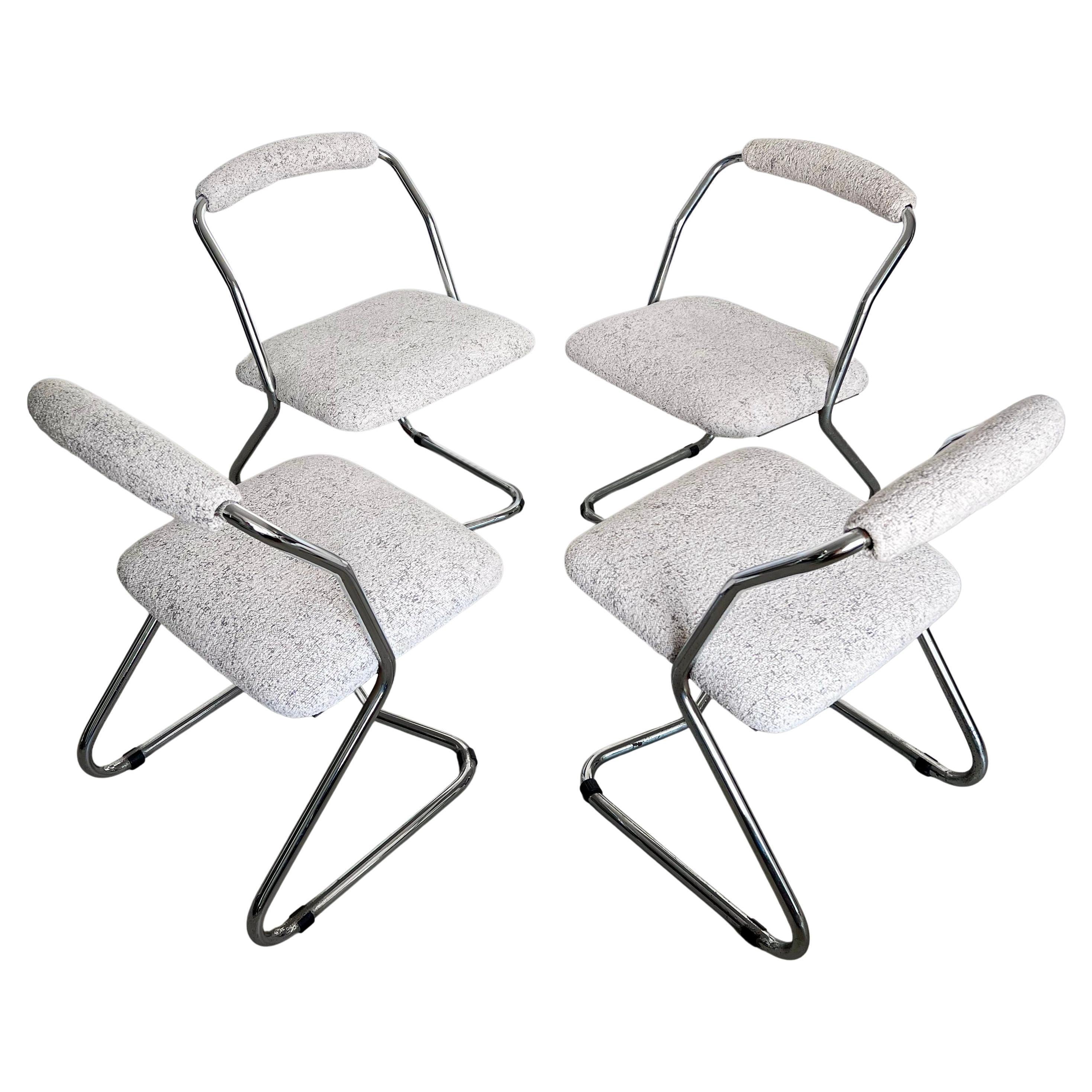 Vintage Set of Four Chromed Metal Dining Room Chairs in White Bouclé Upholstery For Sale