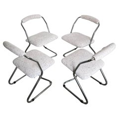 Vintage Set of Four Chromed Metal Dining Room Chairs in White Bouclé Upholstery