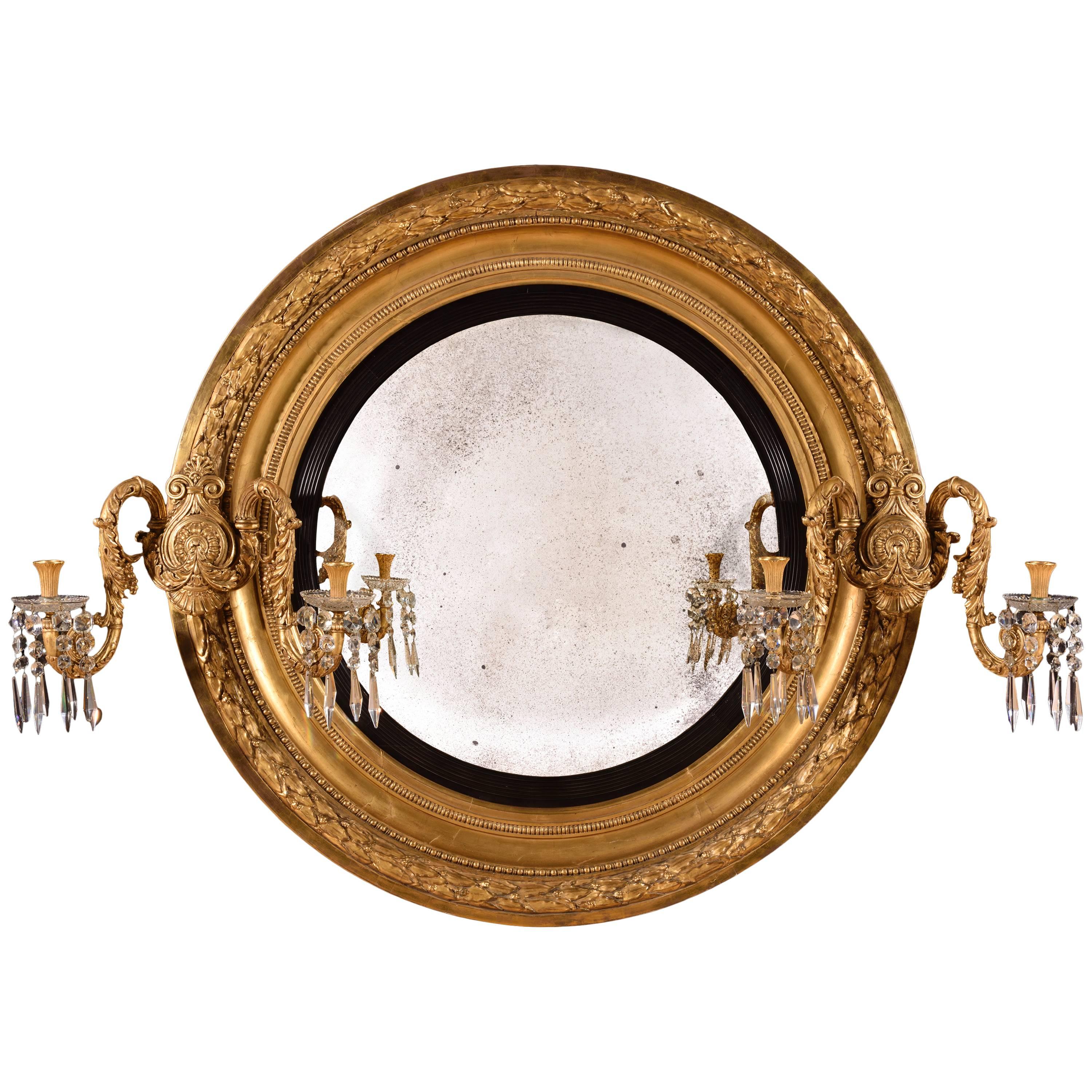 Large and Grand Regency Period Giltwood and Gesso Carved Convex Mirror